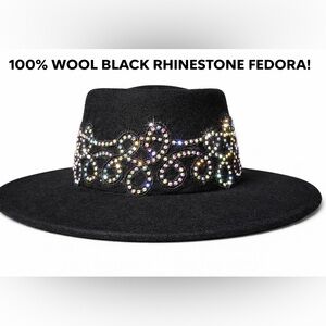 Black Wool Rhinestone-Trim Fedora Hat